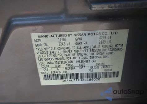 2008 Nissan Altima 2.5 S из США, поврежденный, VIN 1N4AL21E38C186070